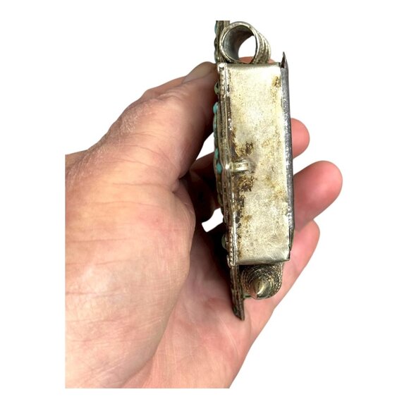 Antique Tibetan Gau Box Prayer Tribal Silver Turquoise Pendant Filigree 4" Large - Picture 7 of 7